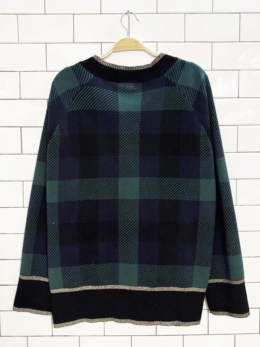 river island gold trim plaid knit cardigan - good market thrift store