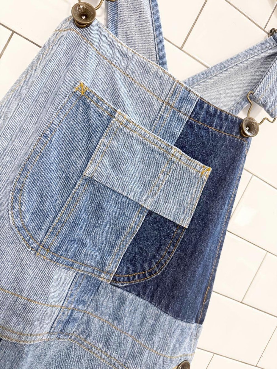 rodeo crowns denim patchwork overall maxi dress - good market thrift store