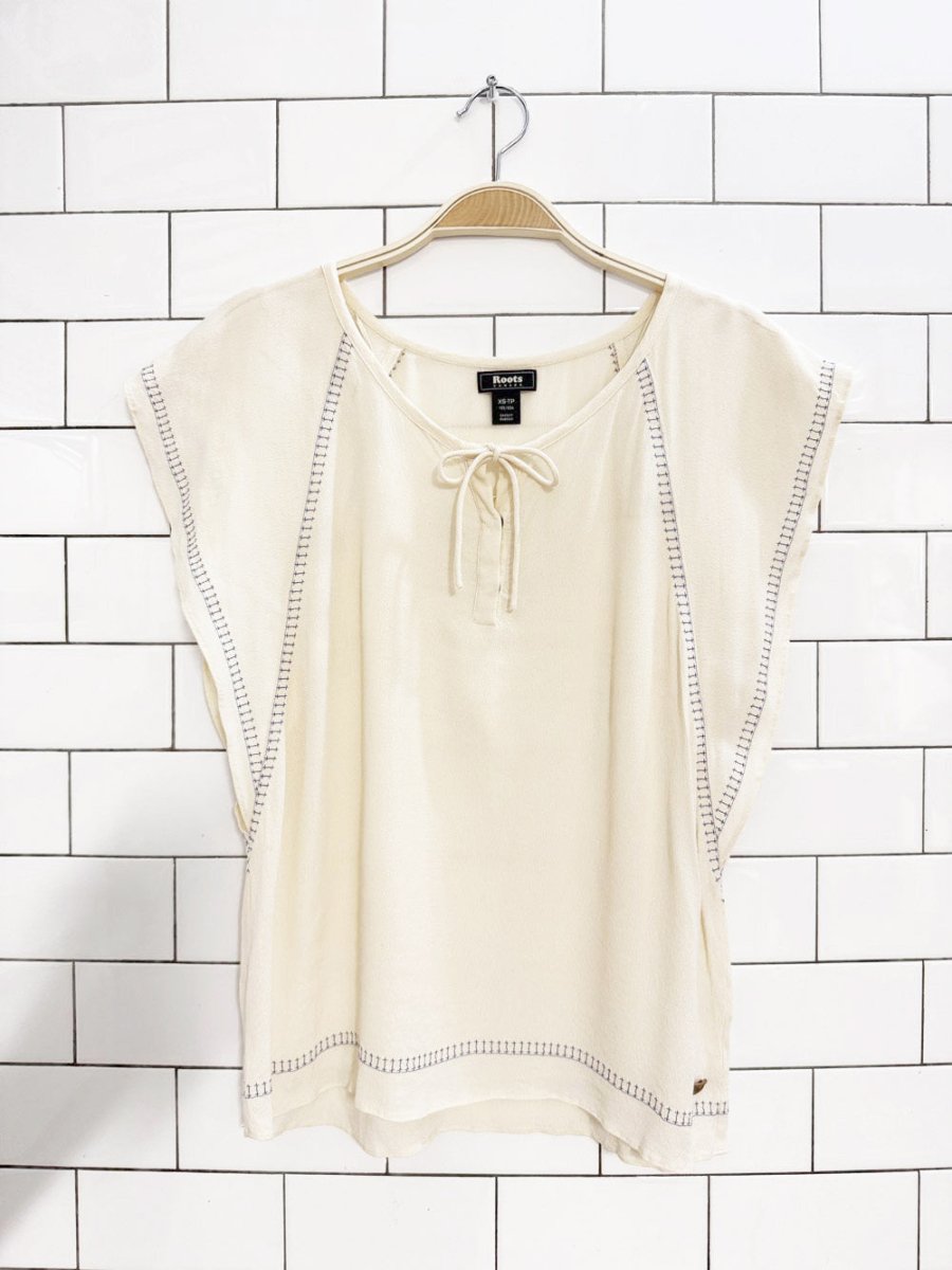 roots boho contrast stitch flowy front tie blouse - good market thrift store