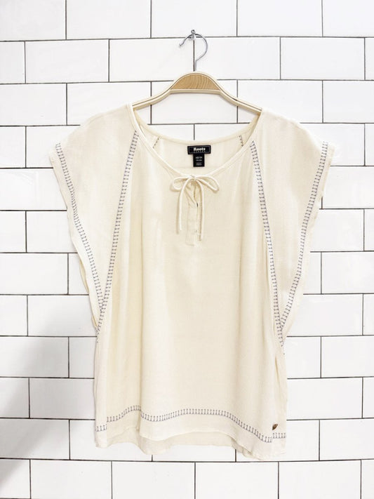 roots boho contrast stitch flowy front tie blouse - good market thrift store
