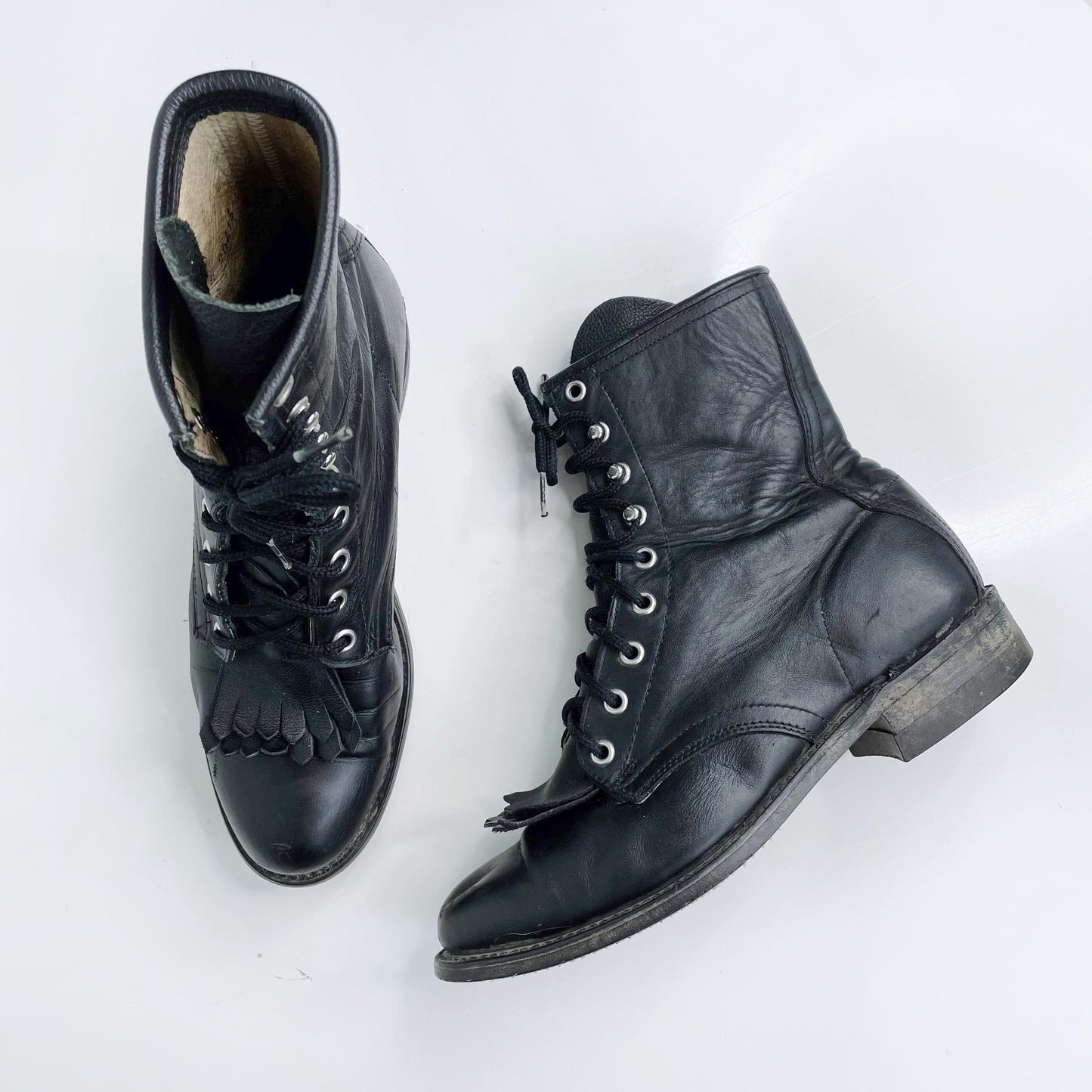vintage black leather rodeo kiltie roper boot - size 7.5