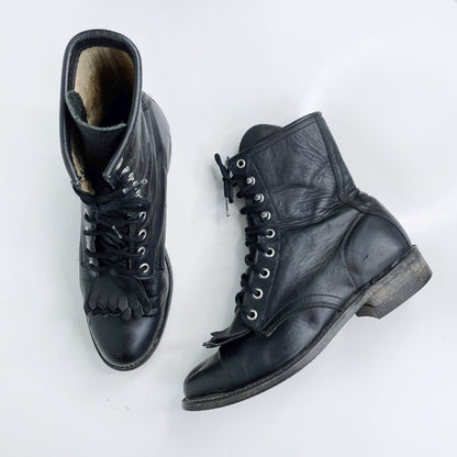 vintage black leather rodeo kiltie roper boot - size 7.5
