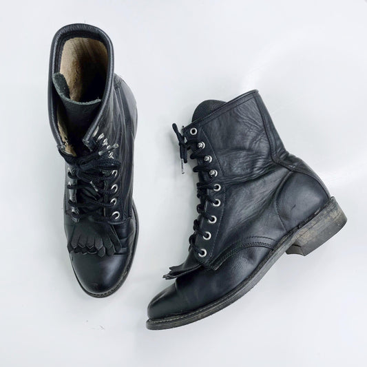 vintage black leather rodeo kiltie roper boot - size 7.5
