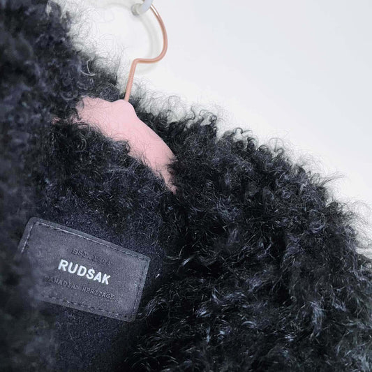 rudsak black mongolian sheepskin wool leather coat - size large