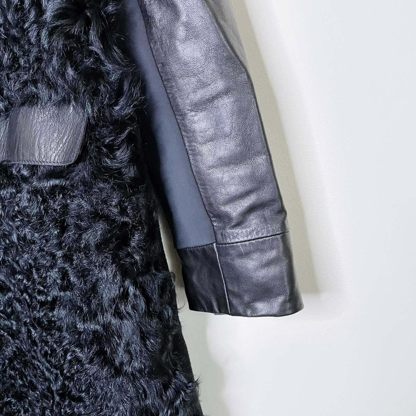 rudsak black mongolian sheepskin wool leather coat - size large