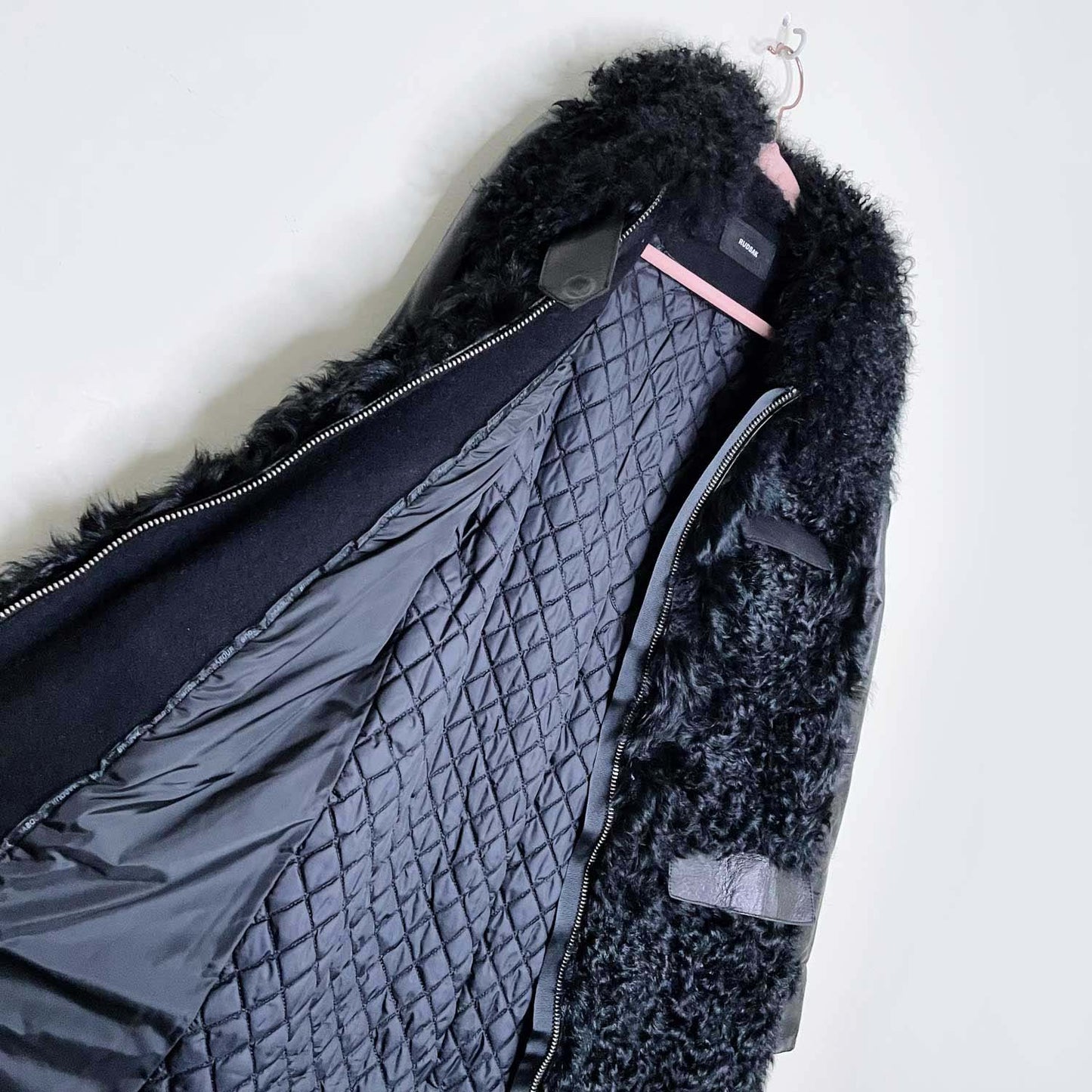 rudsak black mongolian sheepskin wool leather coat - size large