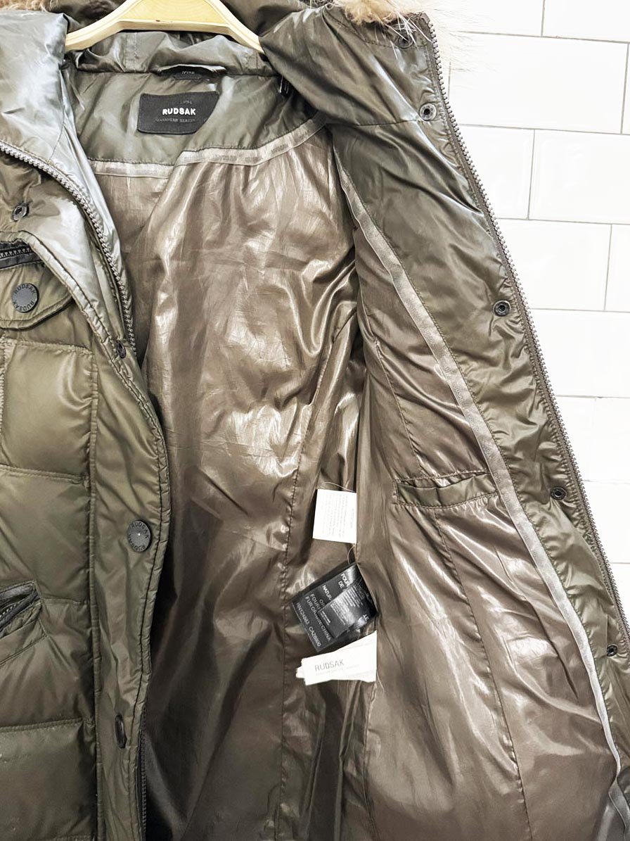 rudsak gloria down form - fitting raccoon fur puffer coat - good market thrift store