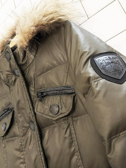 rudsak gloria down form - fitting raccoon fur puffer coat - good market thrift store