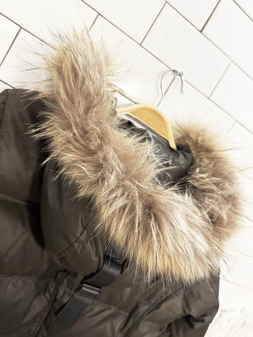 rudsak gloria down form - fitting raccoon fur puffer coat - good market thrift store