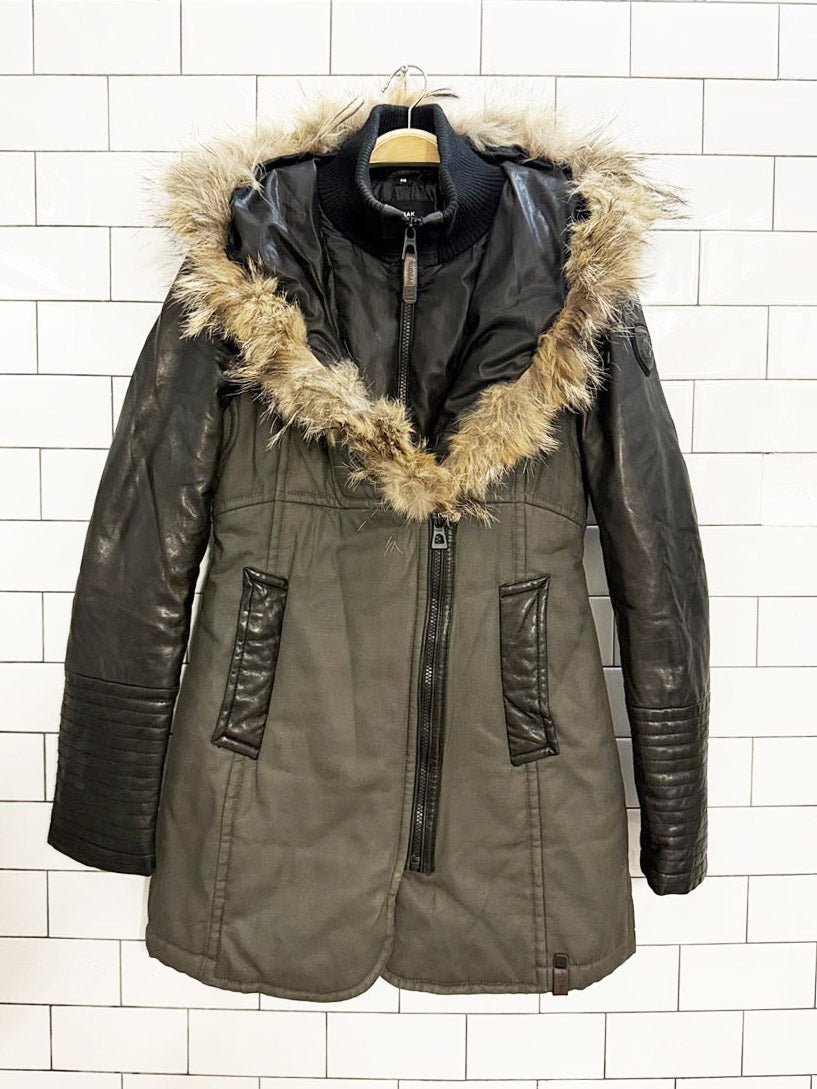 rudsak leather sleeve wolf fur trim hooded parka - good market thrift store