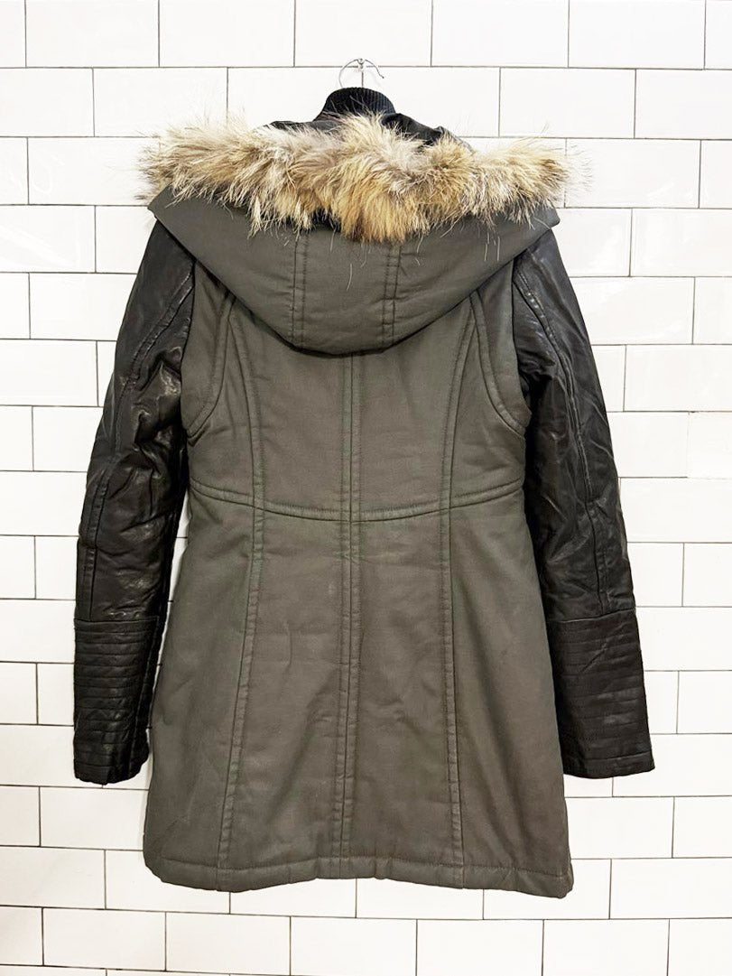 rudsak leather sleeve wolf fur trim hooded parka - good market thrift store