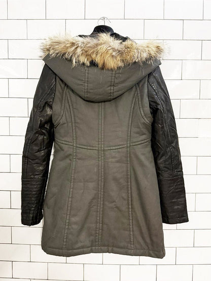 rudsak leather sleeve wolf fur trim hooded parka - good market thrift store