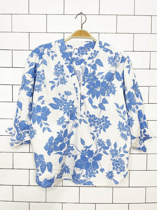 rw&co linen - blend puff sleeve floral blouse - good market thrift store