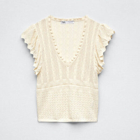 zara pointelle ruffle sleeve knit top