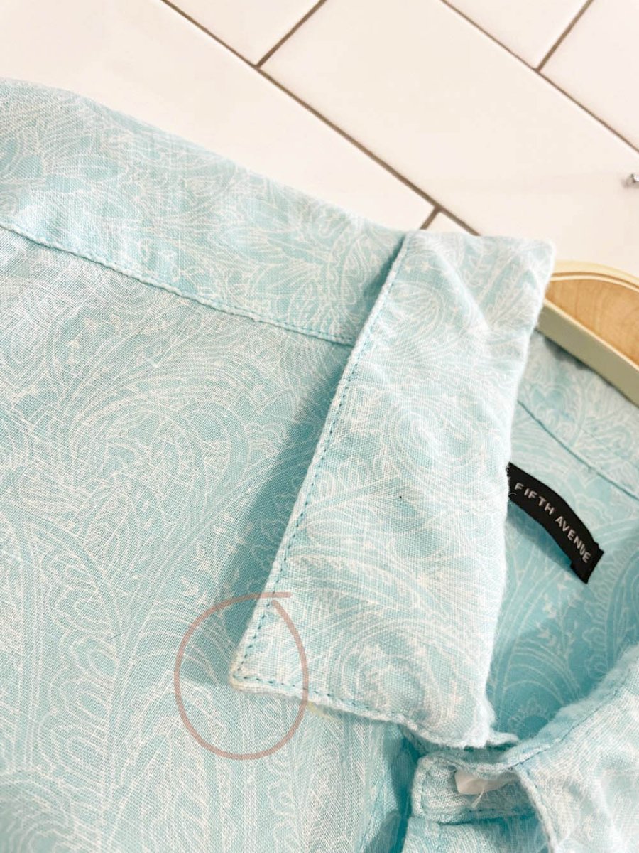 saks fifth avenue 100% linen paisley aqua full button shirt - good market thrift store