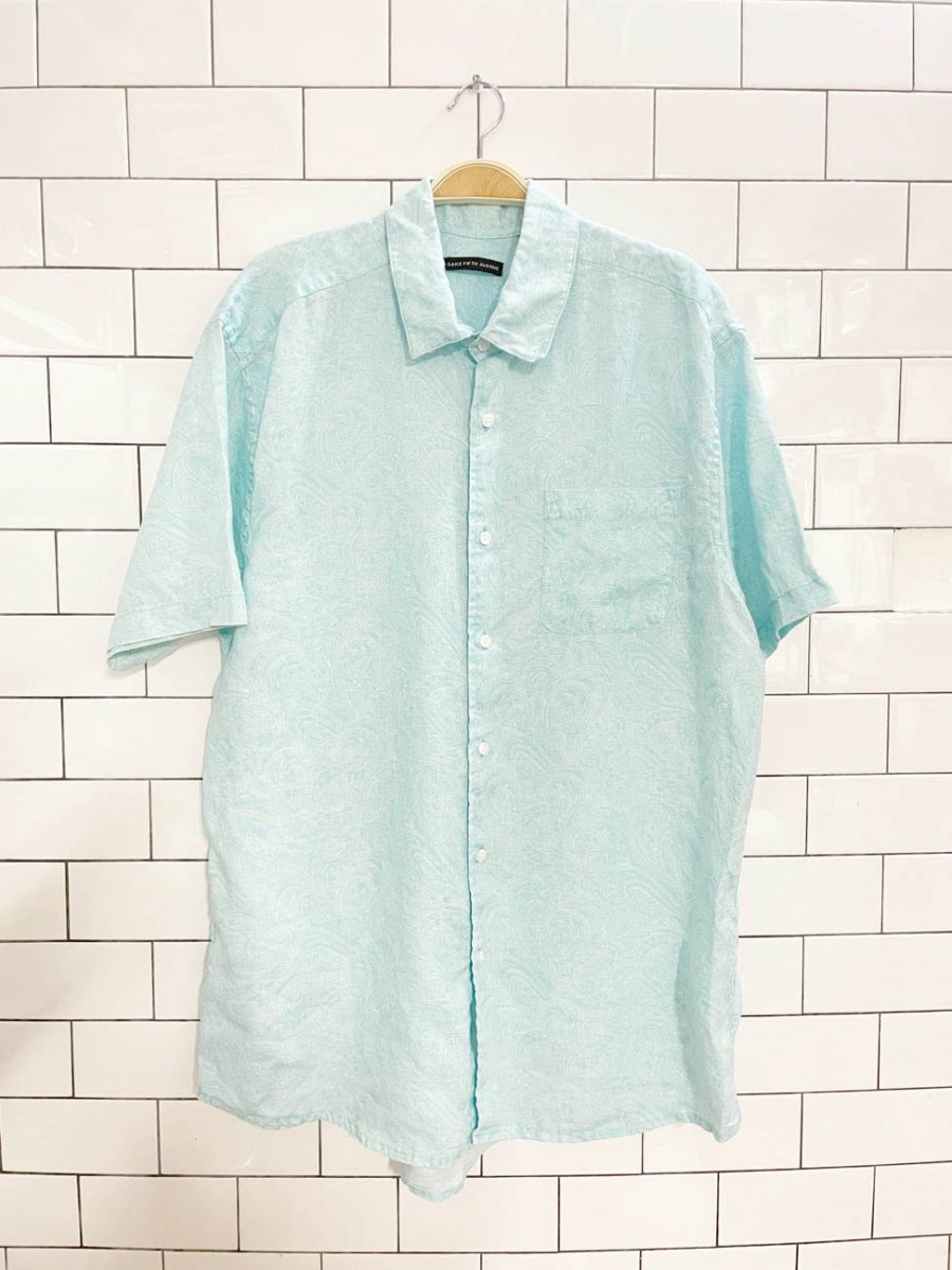 saks fifth avenue 100% linen paisley aqua full button shirt - good market thrift store