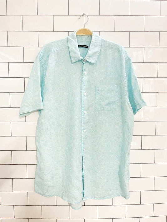 saks fifth avenue 100% linen paisley aqua full button shirt - good market thrift store