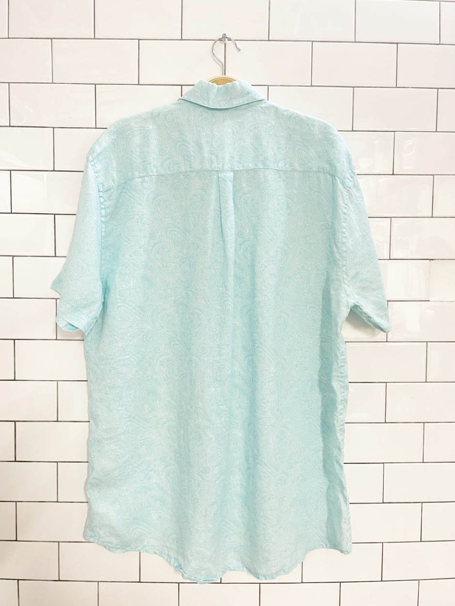 saks fifth avenue 100% linen paisley aqua full button shirt - good market thrift store
