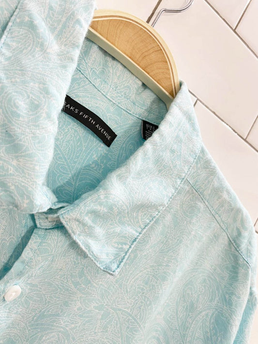 saks fifth avenue 100% linen paisley aqua full button shirt - good market thrift store