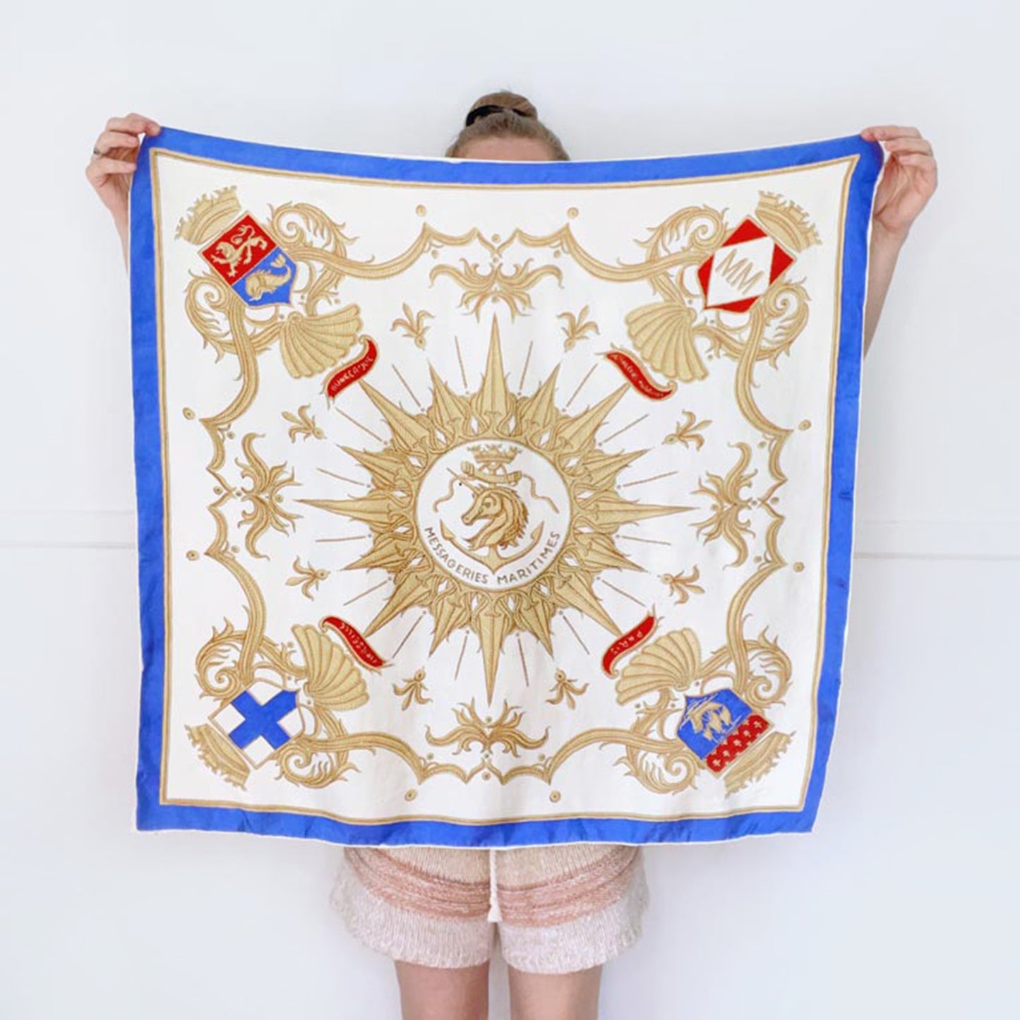 vintage 60s messageries maritimes nautical silk scarf with hand-rolled edge