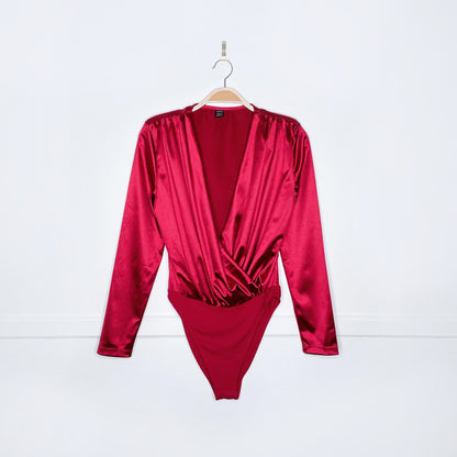 shein red satin strong shoulder bodysuit