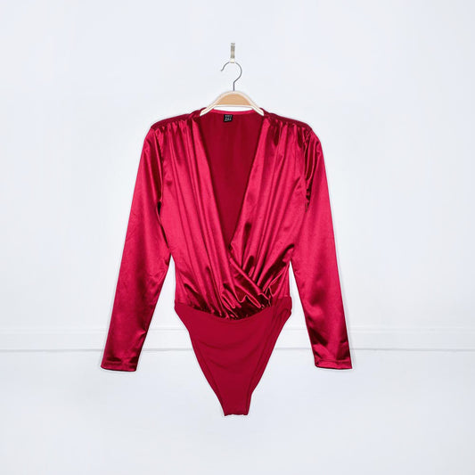 shein red satin strong shoulder bodysuit