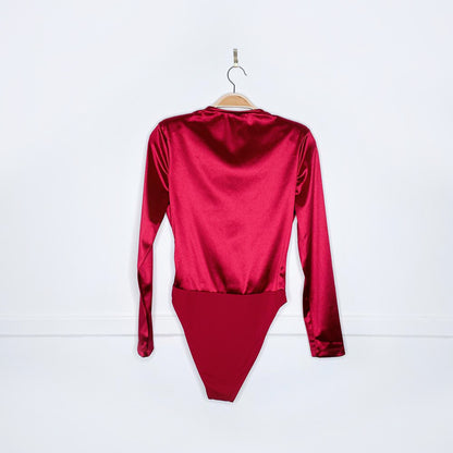 shein red satin strong shoulder bodysuit