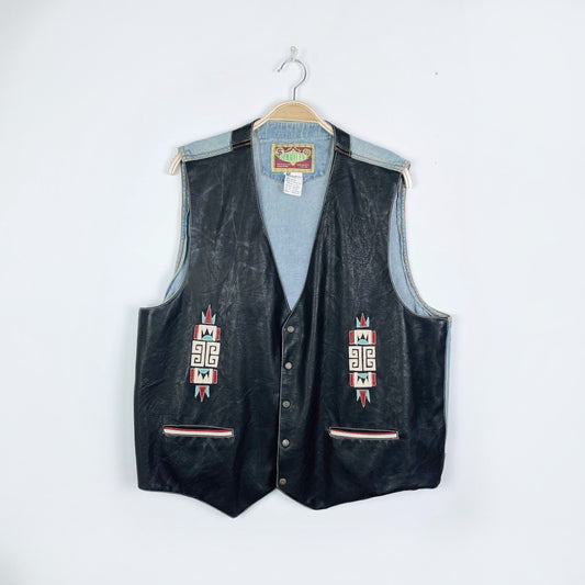 vintage shooter western faux leather denim vest - size xl