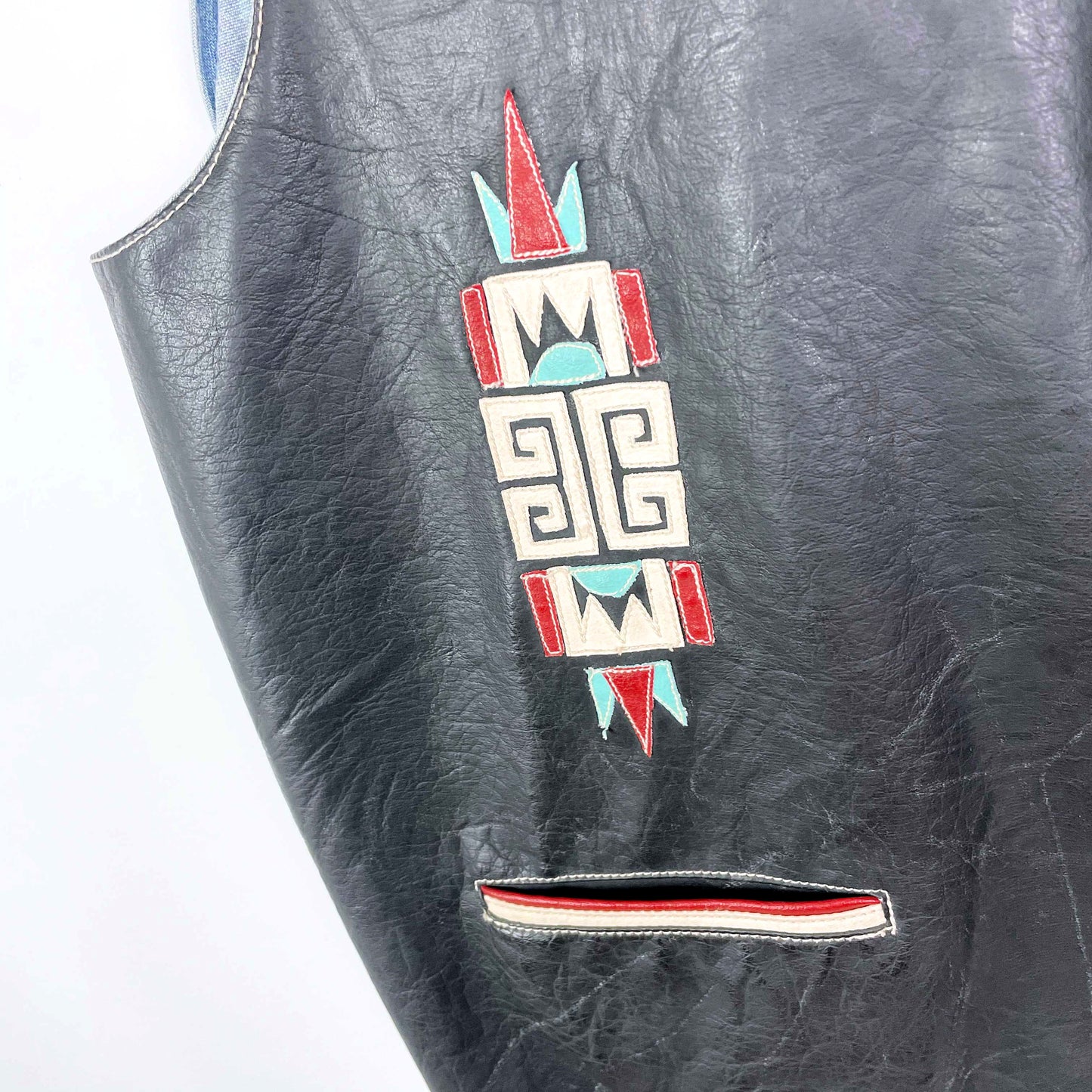 vintage shooter western faux leather denim vest - size xl