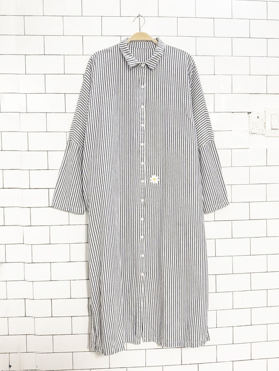 shou youtin boxy striped daisy patch maxi shirt dress | with pockets - good market thrift store