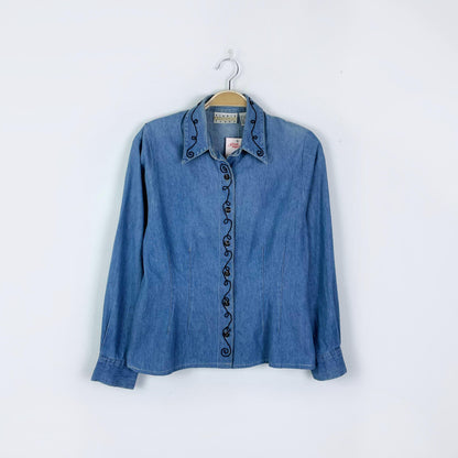 vintage sigrid olsen embroidered fitted denim shirt - size 6