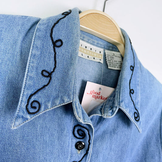 vintage sigrid olsen embroidered fitted denim shirt - size 6