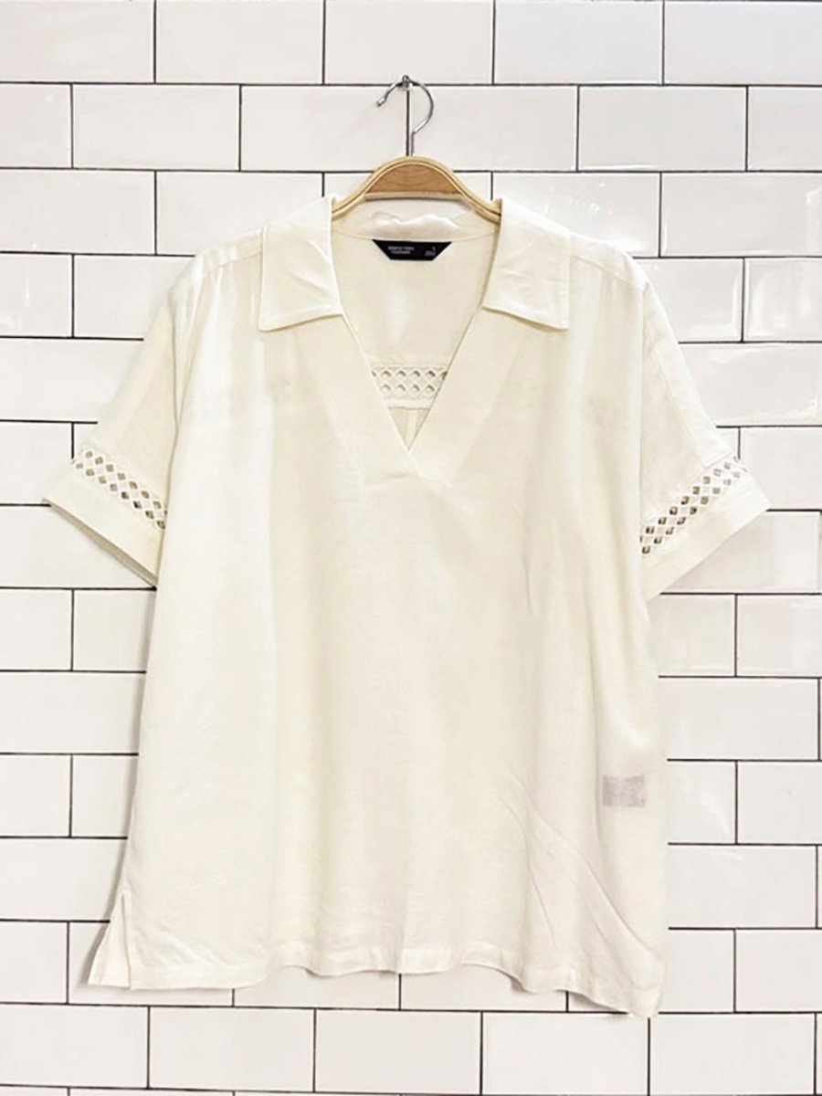 simply vera wang linen - blend openwork trim blouse - good market thrift store