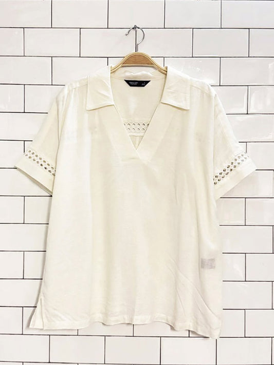 simply vera wang linen - blend openwork trim blouse - good market thrift store