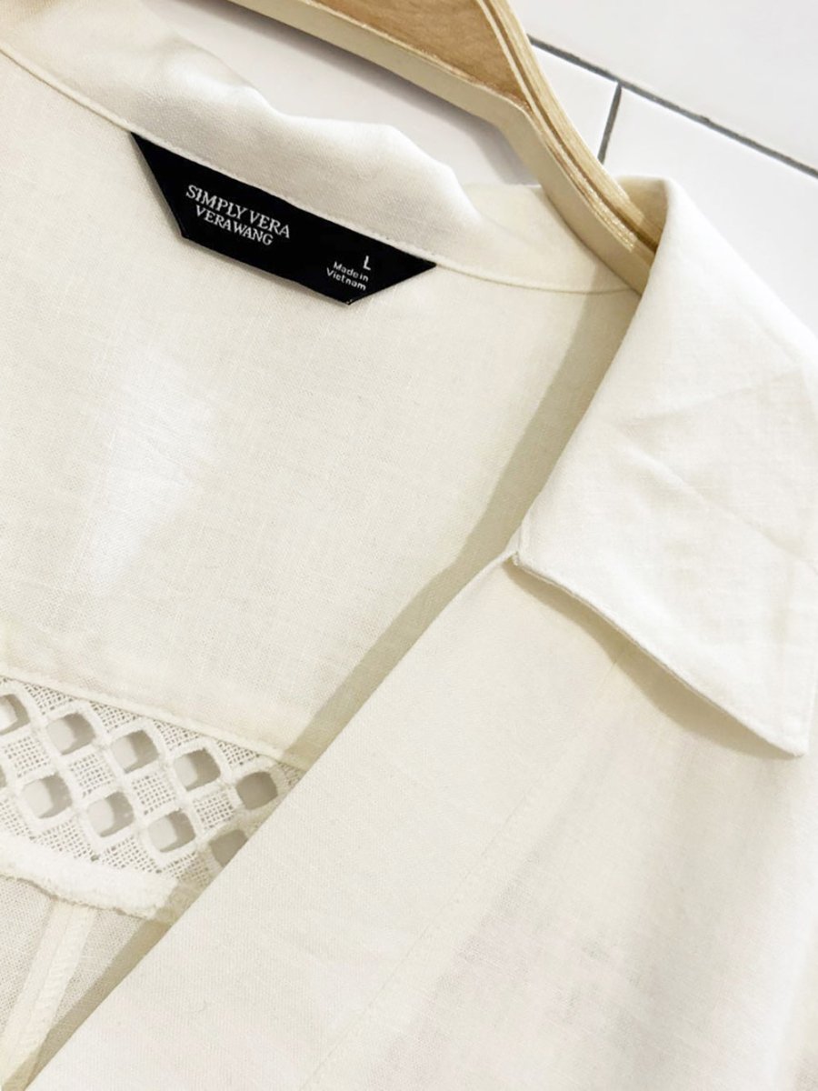 simply vera wang linen - blend openwork trim blouse - good market thrift store