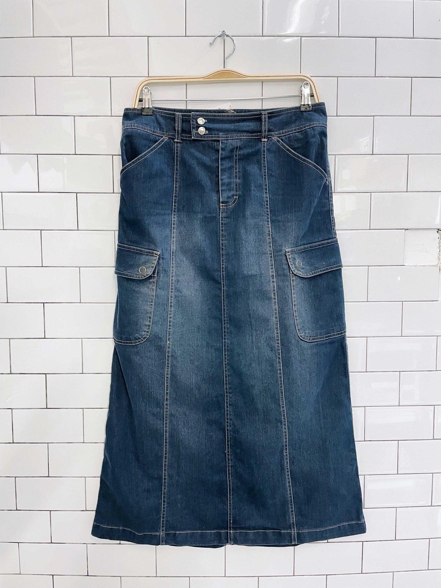 y2k gloria vanderbilt cargo denim maxi skirt