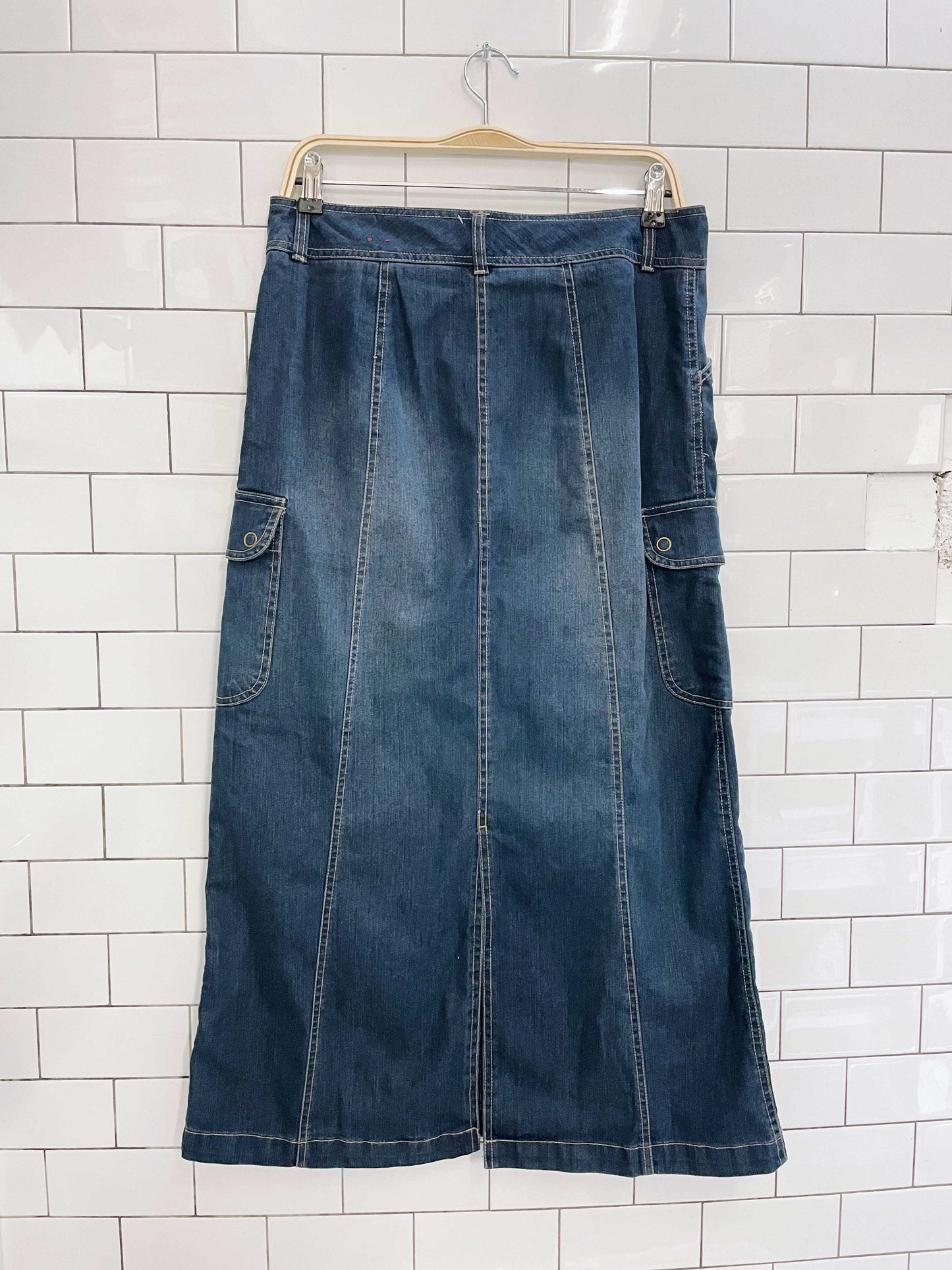 y2k gloria vanderbilt cargo denim maxi skirt