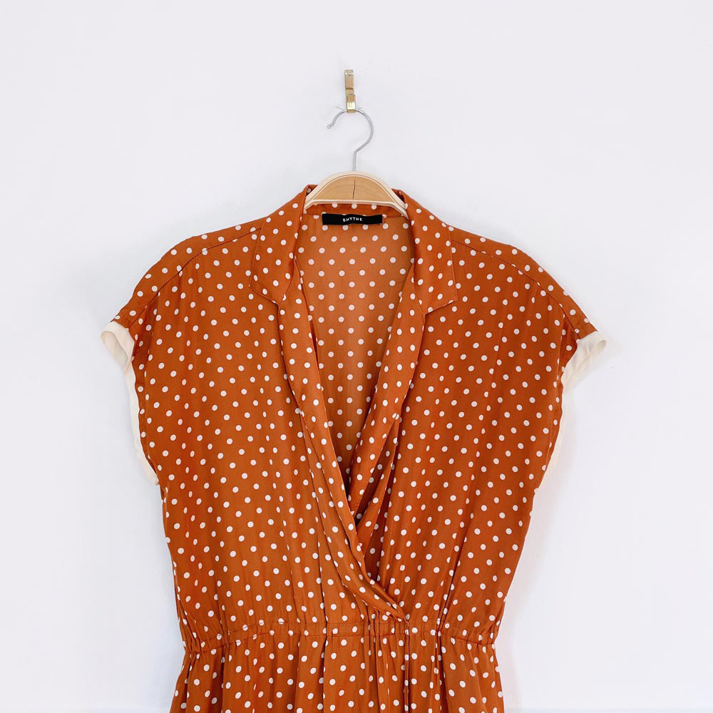 smythe satin polka dot wrap midi dress