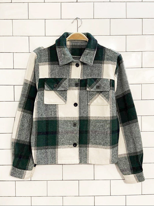 soft plaid cropped fleece shirt jacket - good market thrift store