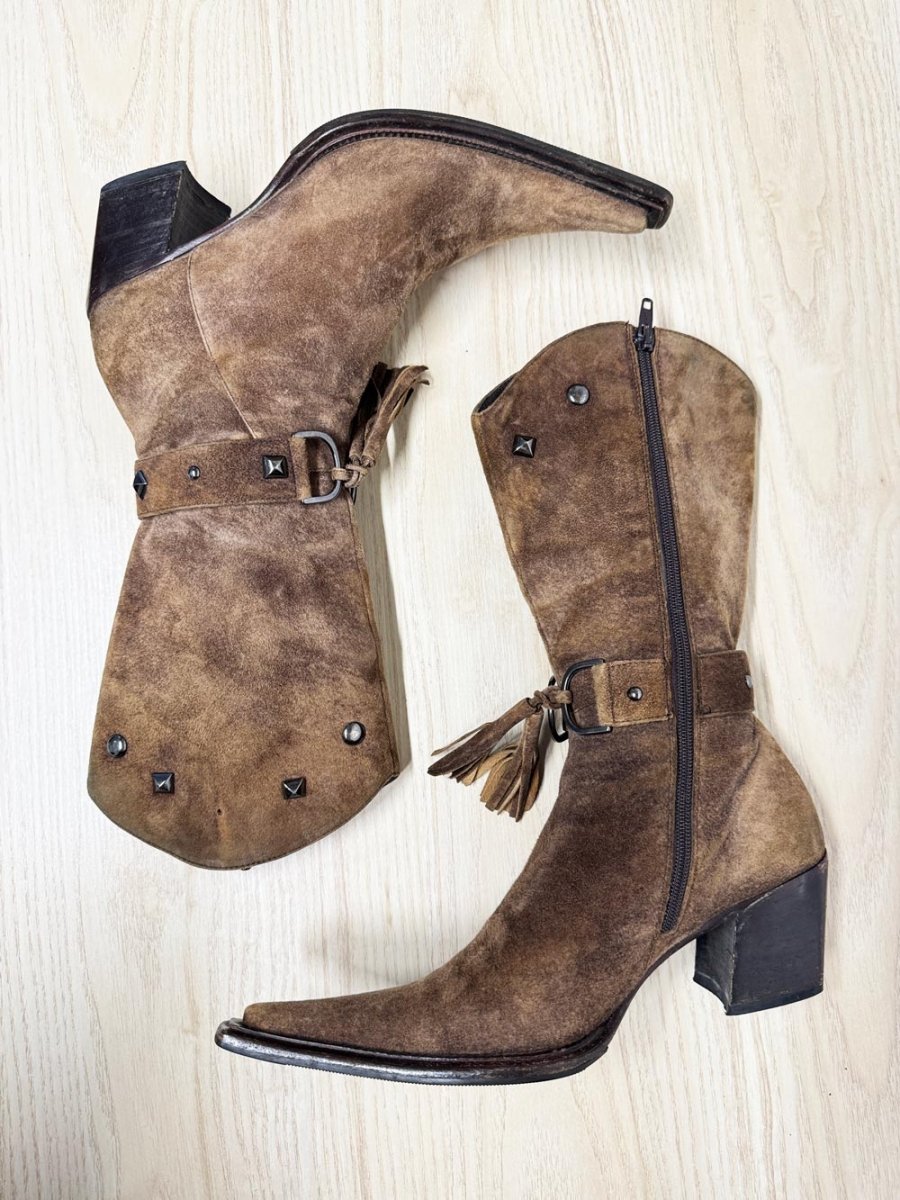 soft suede tassel harness pointed toe western boots | lambskin | made in Italy - good market thrift store