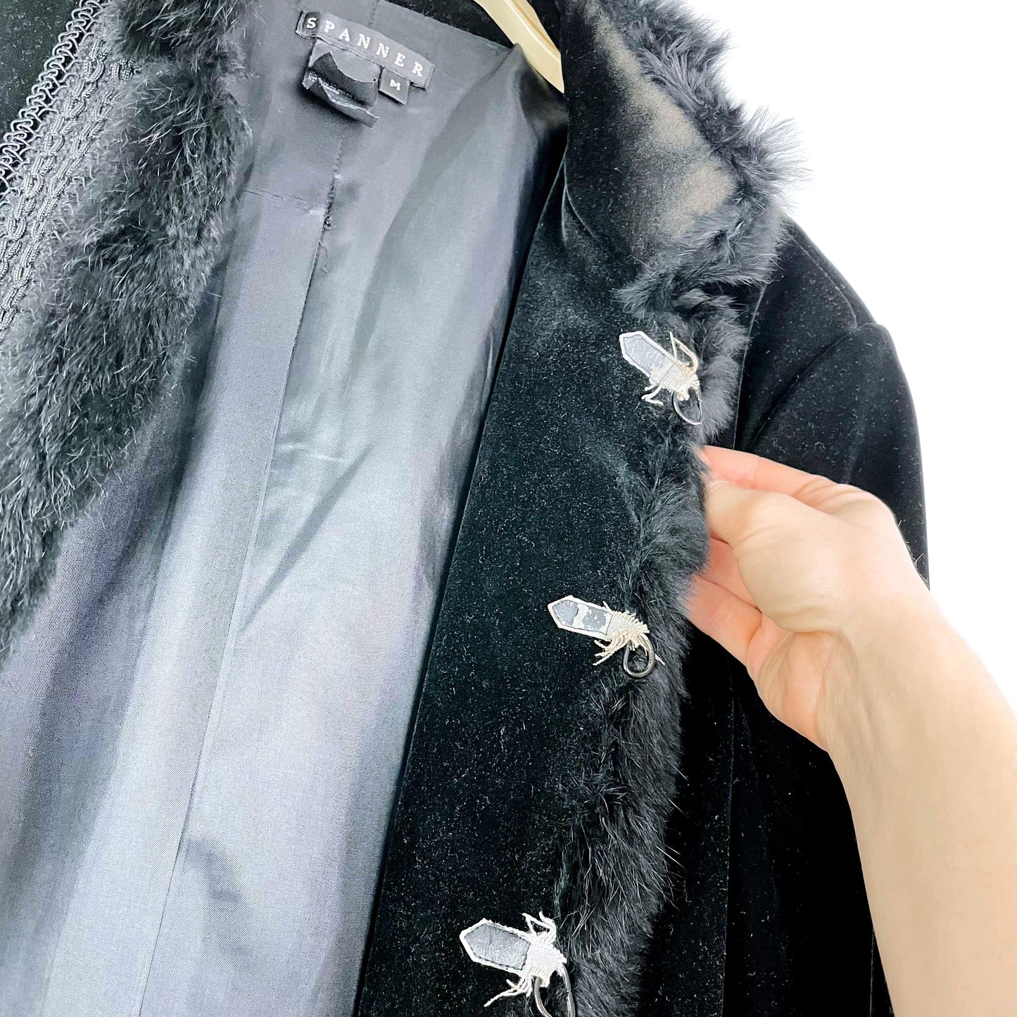 vintage spanner black velvet fur trim maxi opera coat