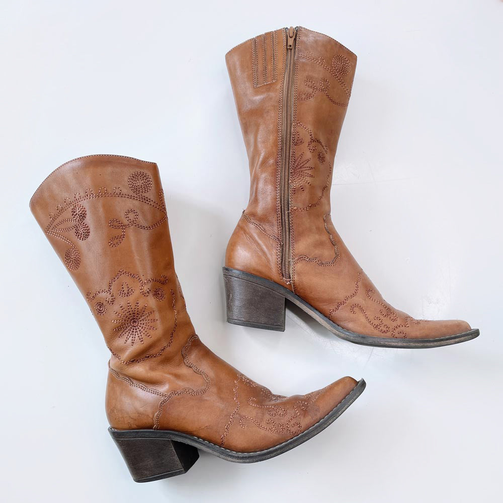 y2k spring embroidered western leather boot