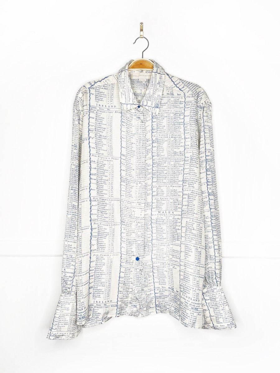 stella mccartney 100% silk french cuff english travel ledger print blouse - good market thrift store