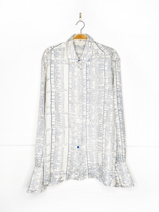 stella mccartney 100% silk french cuff english travel ledger print blouse - good market thrift store