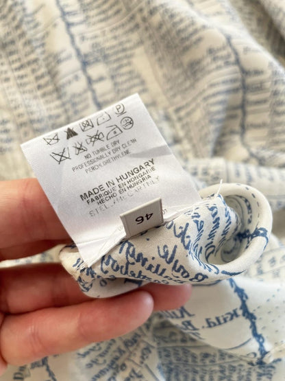 stella mccartney 100% silk french cuff english travel ledger print blouse - good market thrift store