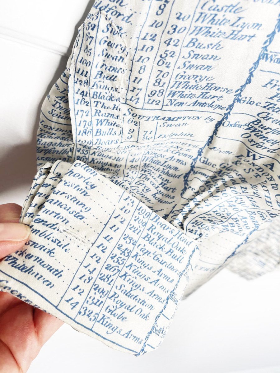 stella mccartney 100% silk french cuff english travel ledger print blouse - good market thrift store