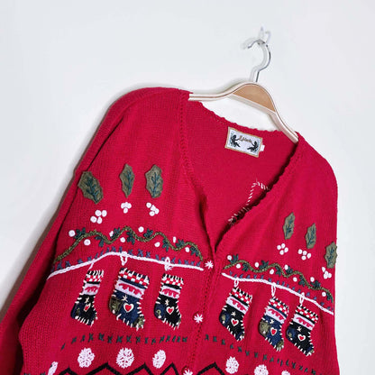 vintage episcia holiday stocking applique knit cardi - size xl