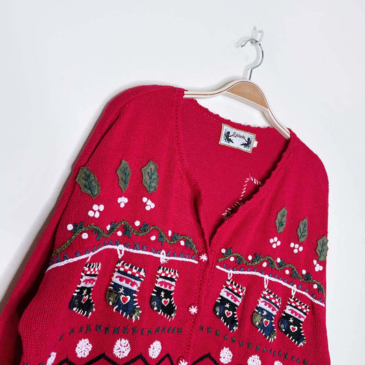 vintage episcia holiday stocking applique knit cardi - size xl