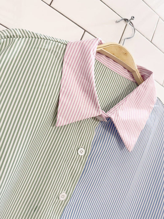 striped colour block boxy full button shirt - good market thrift store