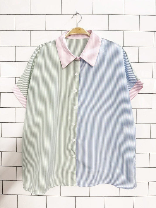 striped colour block boxy full button shirt - good market thrift store